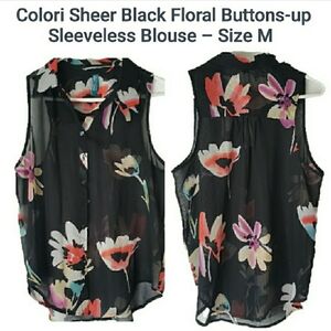 Colori Sheer Black Floral Button-Up Sleeveless Blouse – Size M